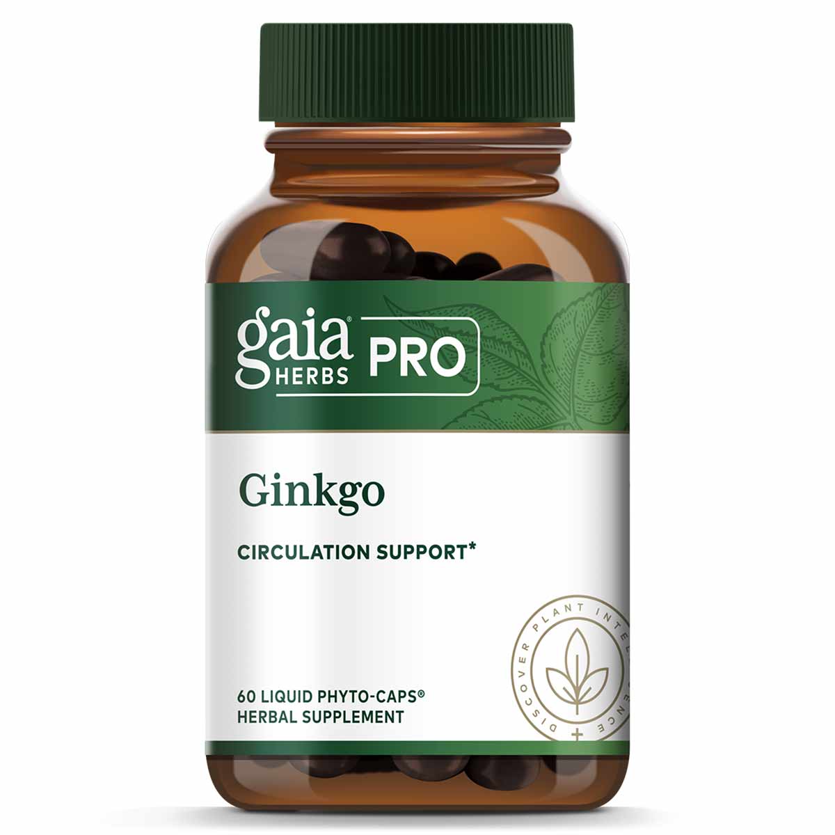 Amber glass bottle with green cap containing 60 dark capsules labeled Gaia Herbs Pro Ginkgo herbal supplement.