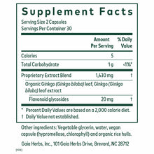 Supplement Facts label showing serving size of 2 capsules, 30 servings per container, with Ginkgo biloba leaf extract and fla