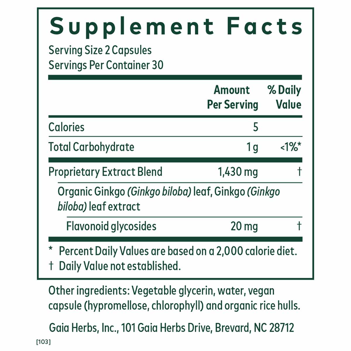 Supplement Facts label showing serving size of 2 capsules, 30 servings per container, with Ginkgo biloba leaf extract and fla