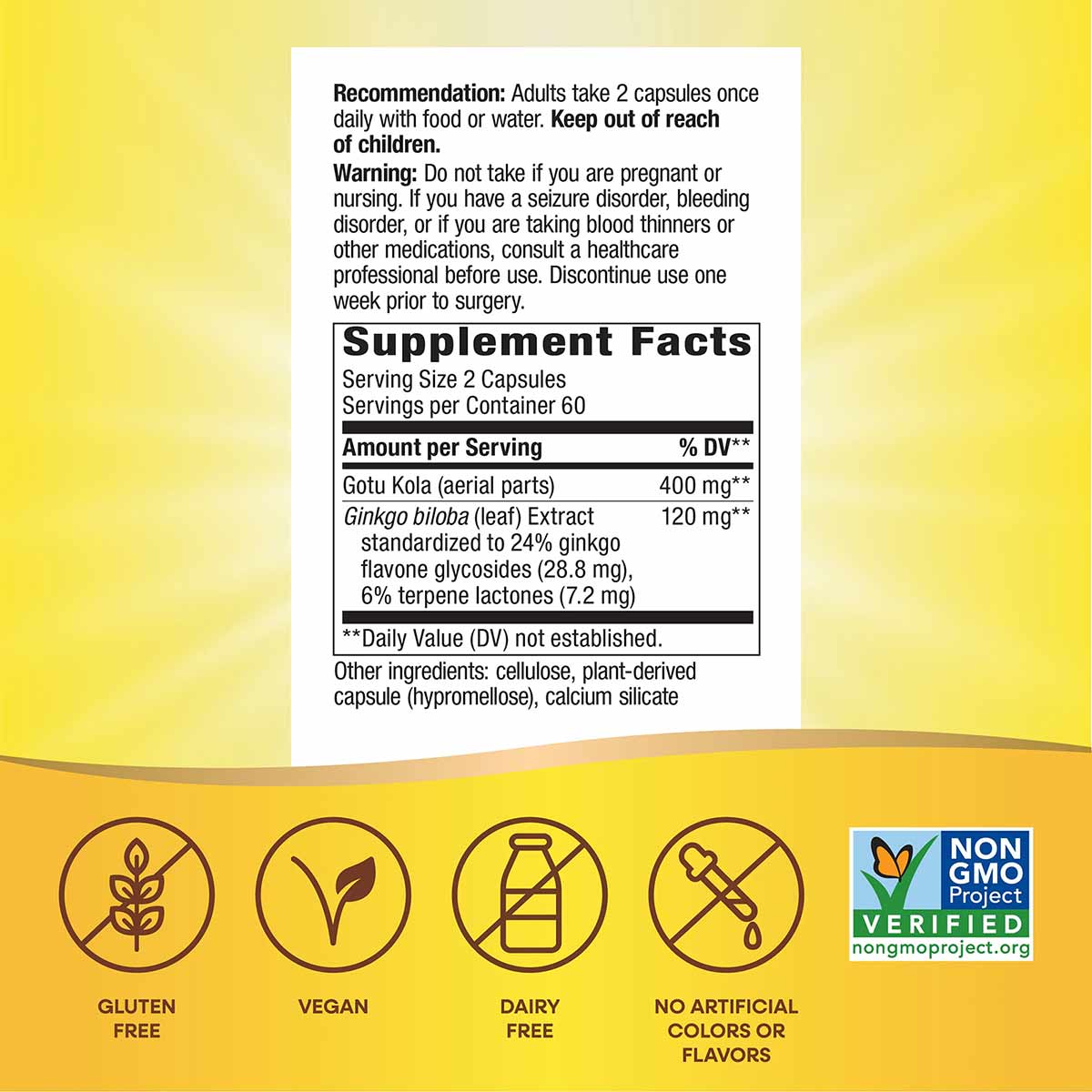 Supplement Facts label on yellow background showing ginkgo biloba extract dosage, ingredients, and certification icons for gl