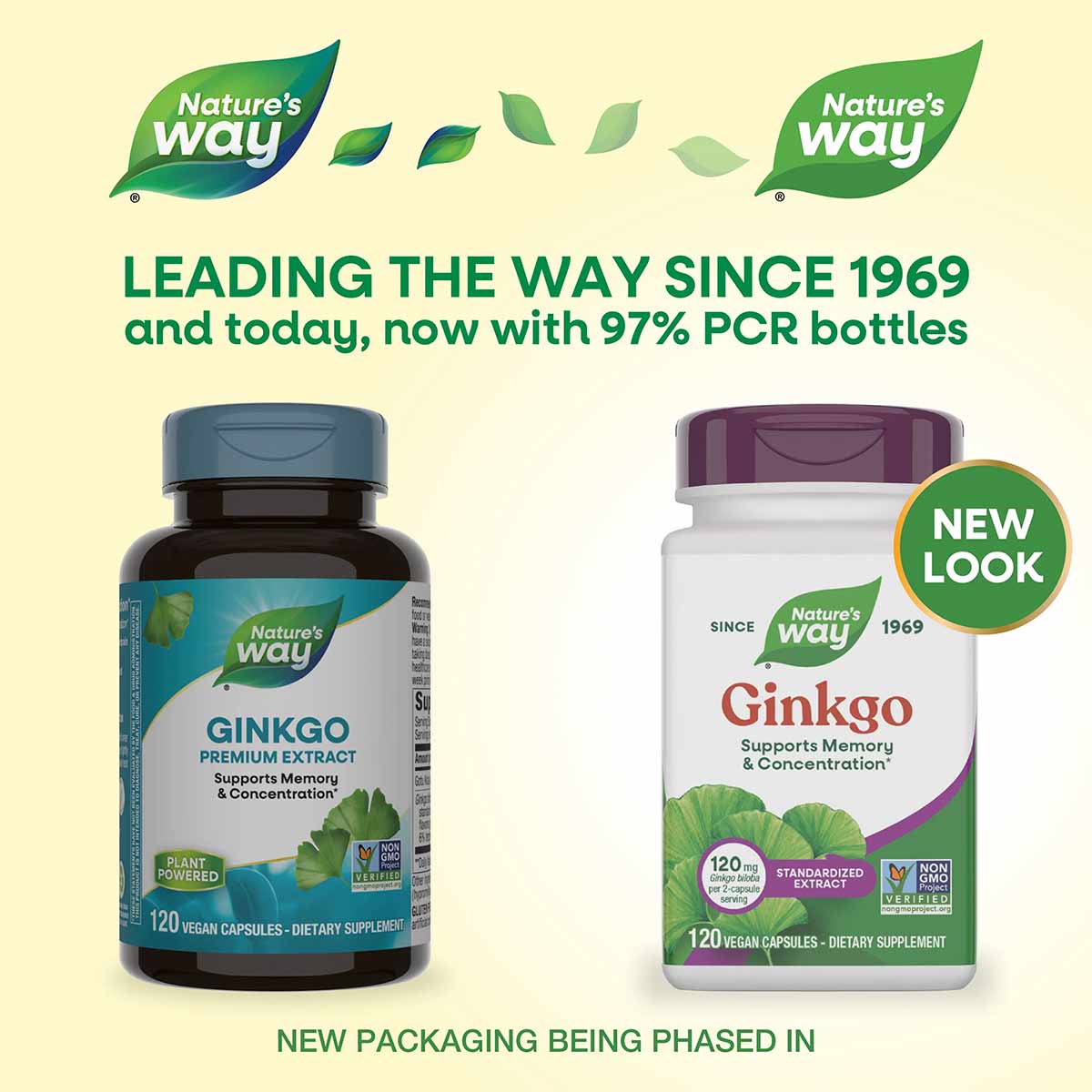 Two Nature's Way Ginkgo Premium Extract bottles side by side, one with dark blue cap and one with purple cap, each containing