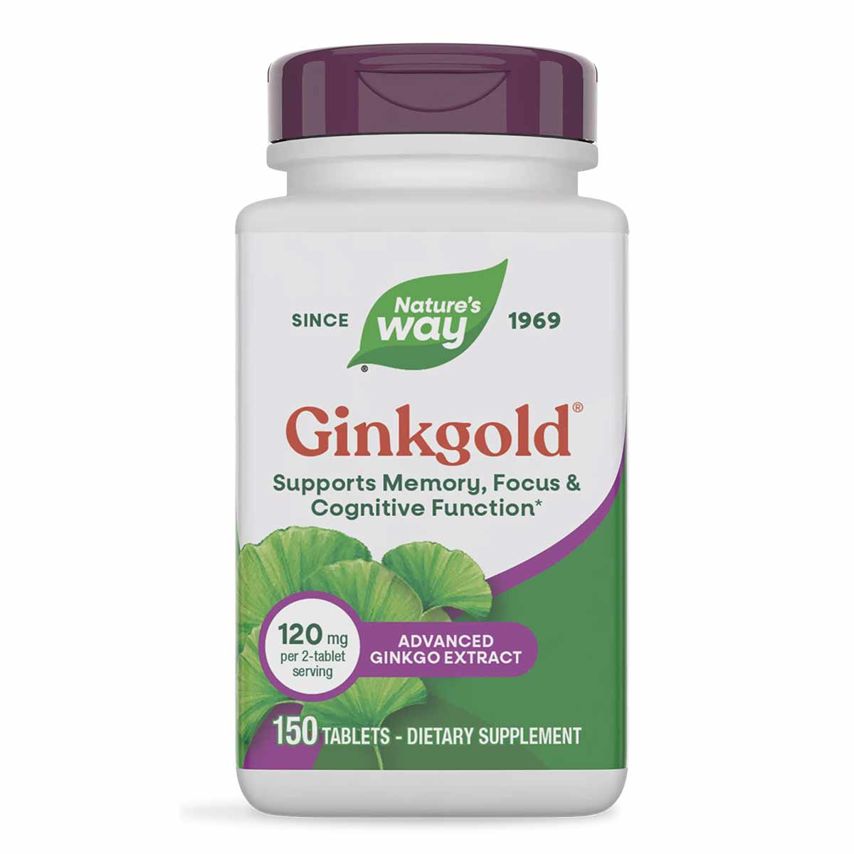 White bottle with purple cap containing 150 tablets of Ginkgold ginkgo extract dietary supplement by Nature's Way.