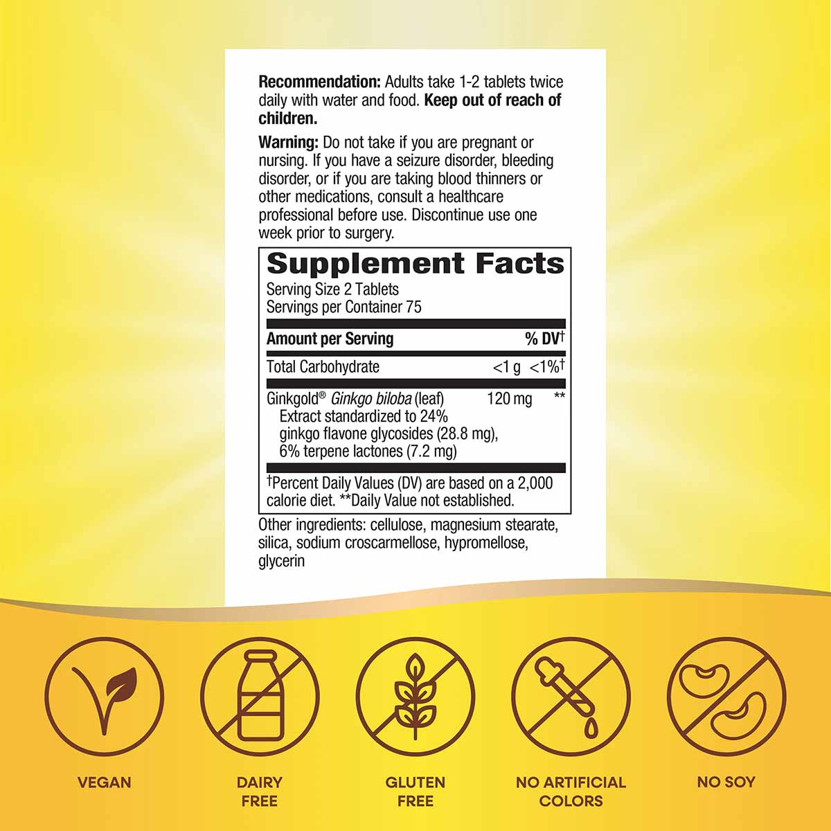 Ginkgold supplement label with dosage recommendations, supplement facts table showing 120 mg ginkgo biloba extract per servin
