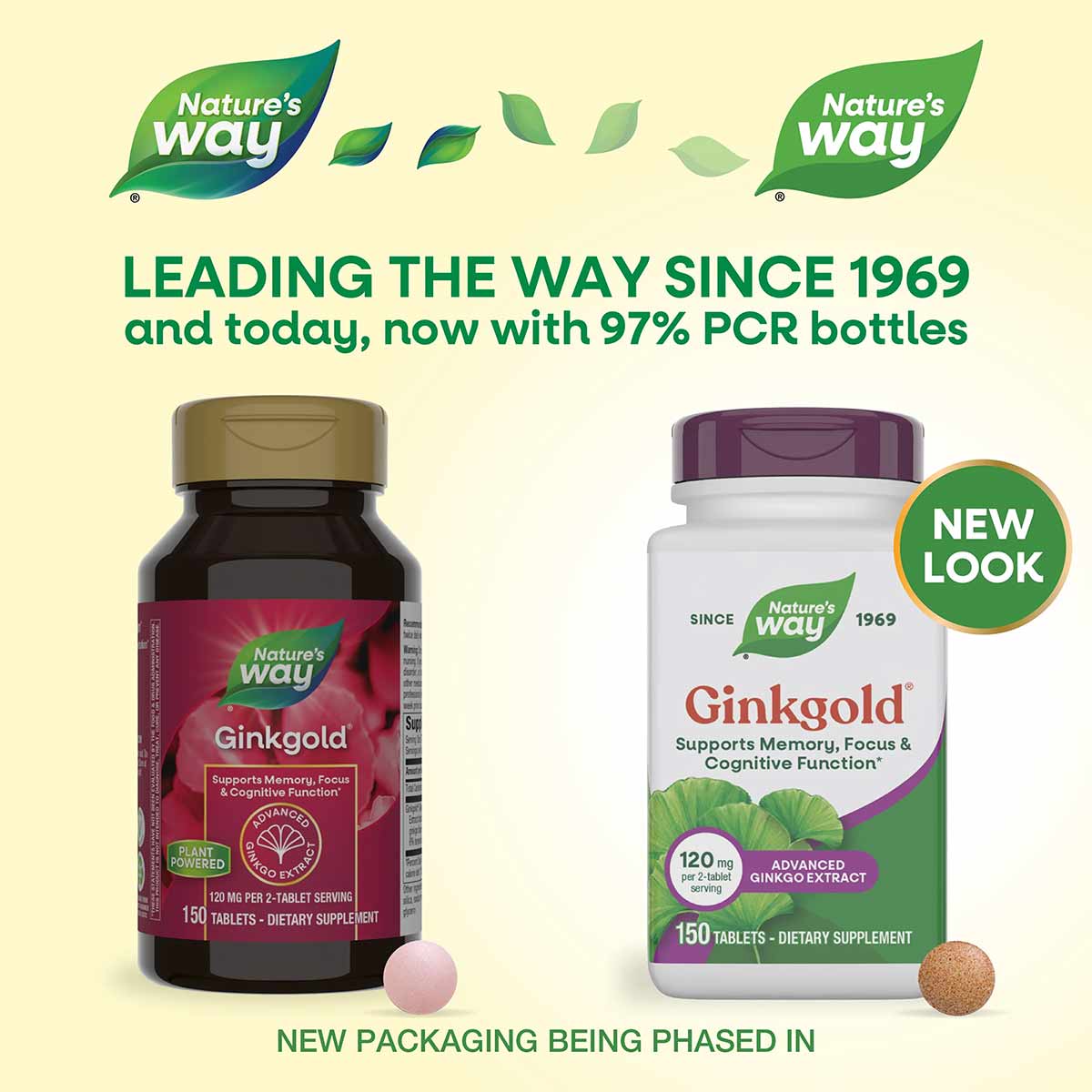 Two bottles of Nature's Way Ginkgold dietary supplement tablets, one with dark burgundy label and one with white label featur
