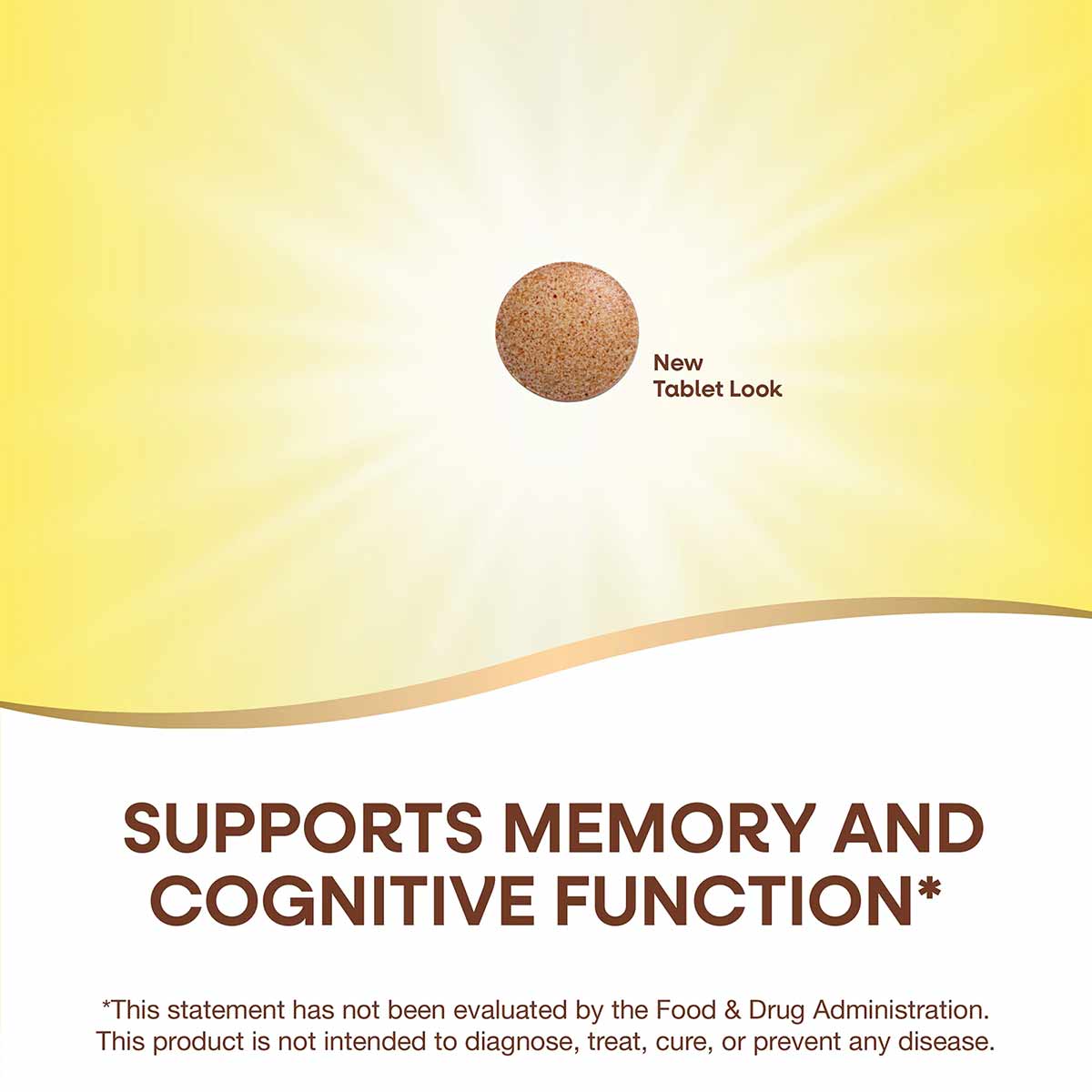 Brown round tablet with "New Tablet Look" label on yellow and white background.