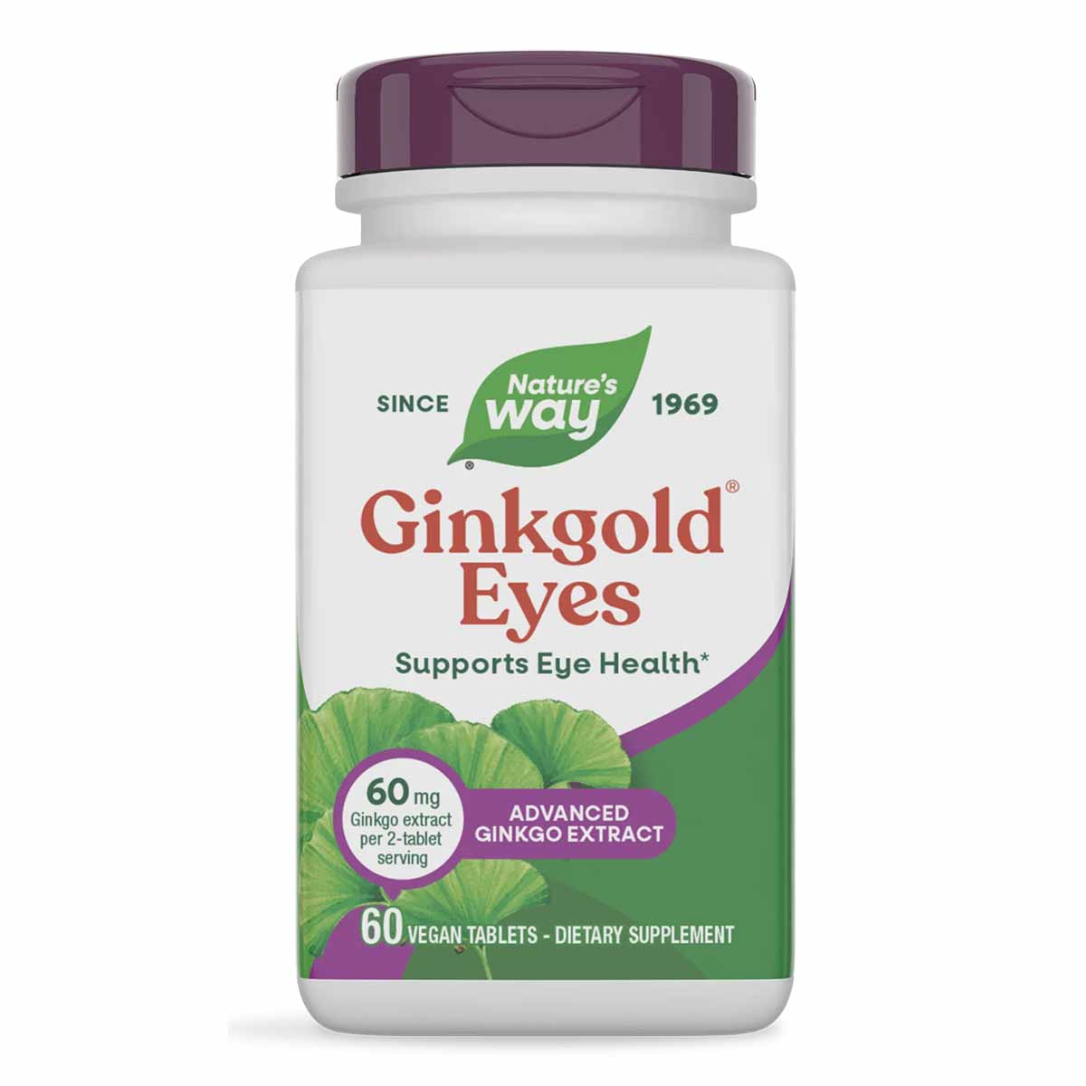 Nature's Way Ginkgold Eyes supplement bottle with purple cap, containing 60 vegan tablets of ginkgo extract.