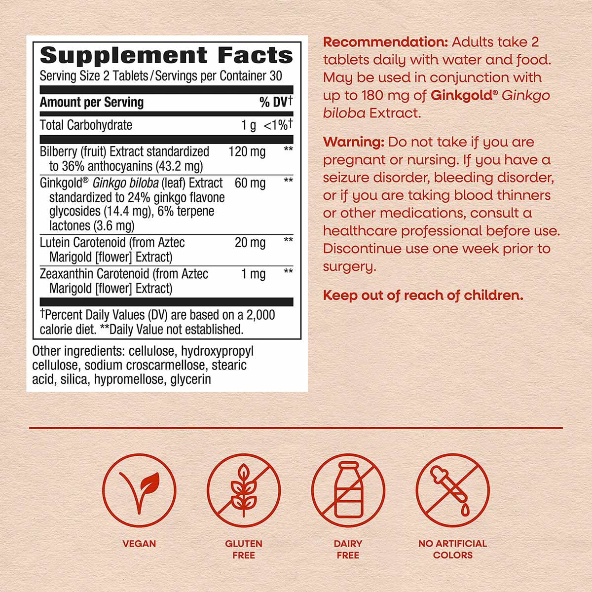 Supplement Facts label for Ginkgold Eyes Lutein with ingredient details, usage recommendations, warnings, and vegan, gluten-f