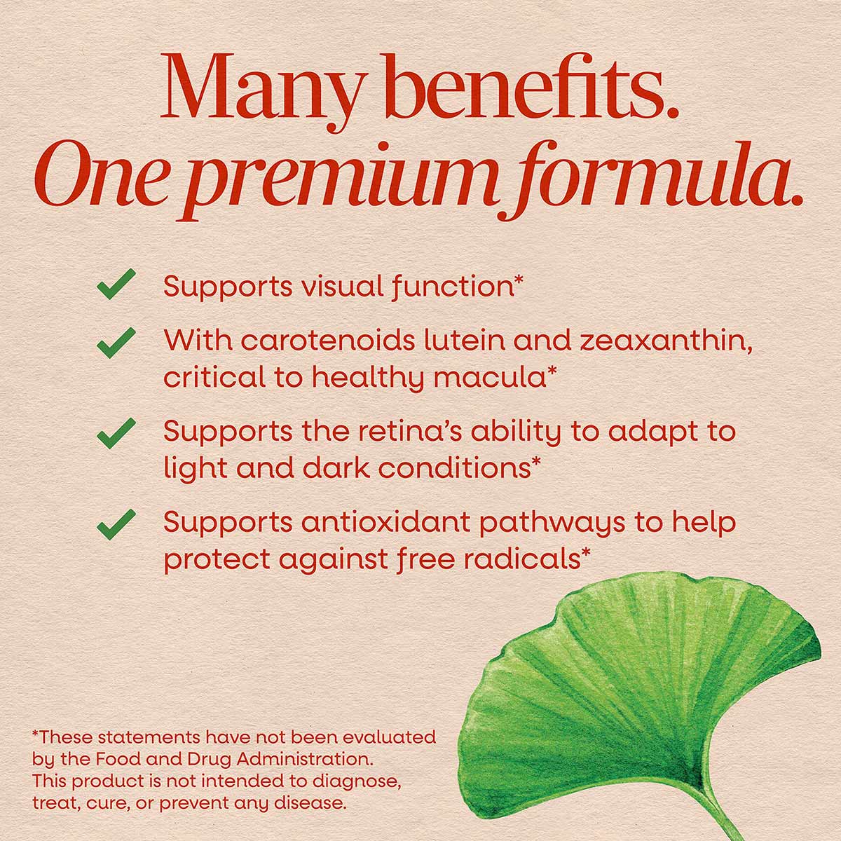 Product label with red text listing benefits and green checkmarks, featuring a ginkgo leaf illustration on beige background.