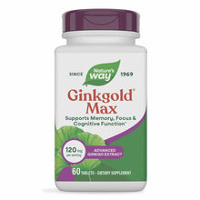 White bottle with purple cap containing Nature's Way Ginkgold Max dietary supplement, 60 tablets, 120 mg per serving.