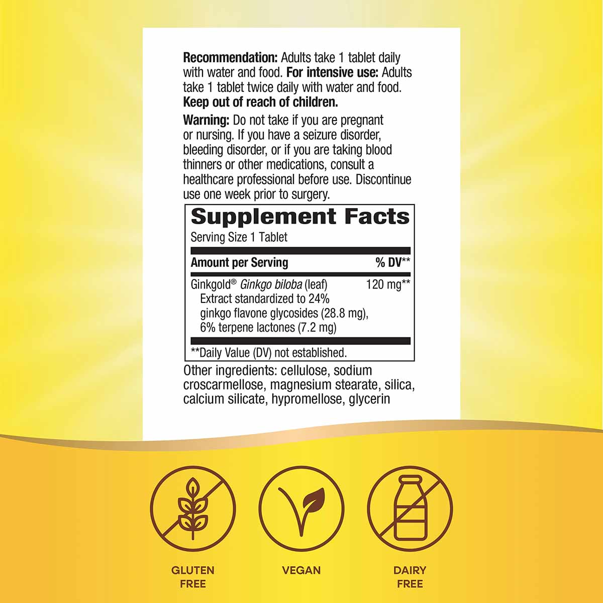 Ginkgold Max supplement facts label on yellow background with gluten-free, vegan, and dairy-free icons.