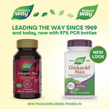 Nature's Way Ginkgold Max bottles in dark amber and white containers with purple caps, 60 tablets each, 120 mg per serving.