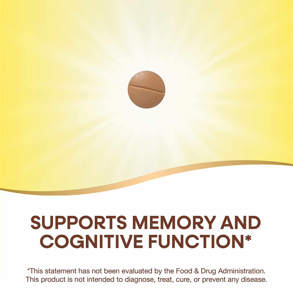 Brown tablet on yellow and white background with text stating supports memory and cognitive function.