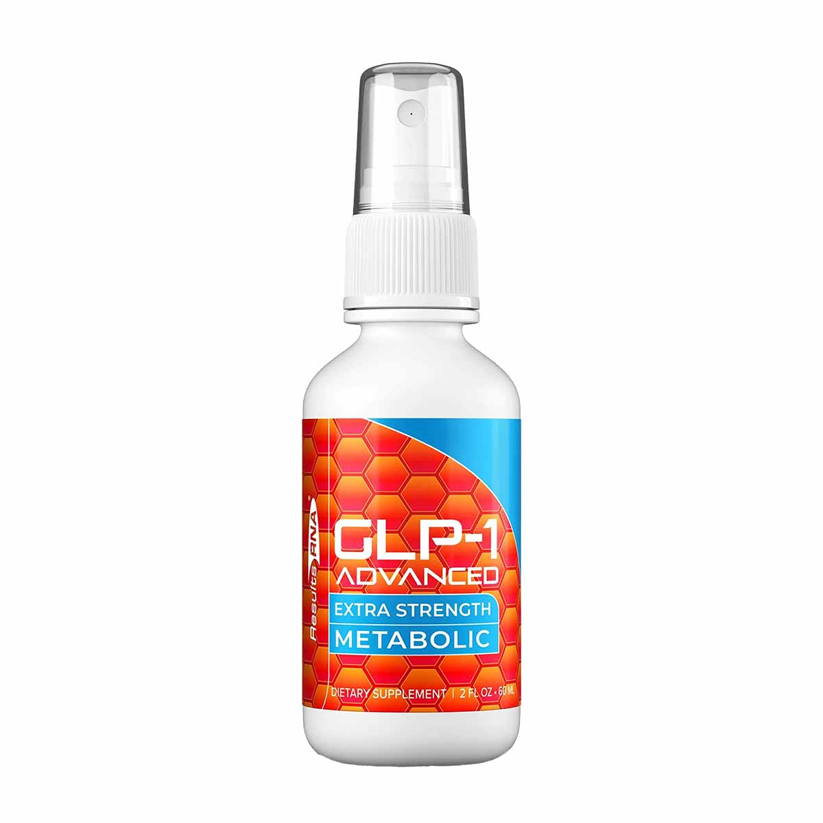 Clear spray bottle with white pump top and red and blue label reading "GLP-1 Advanced Extra Strength Metabolic," 1.2 oz.