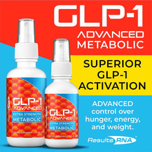 Two white spray bottles with red honeycomb-patterned labels displaying GLP-1 Advanced Extra Strength Metabolic branding.