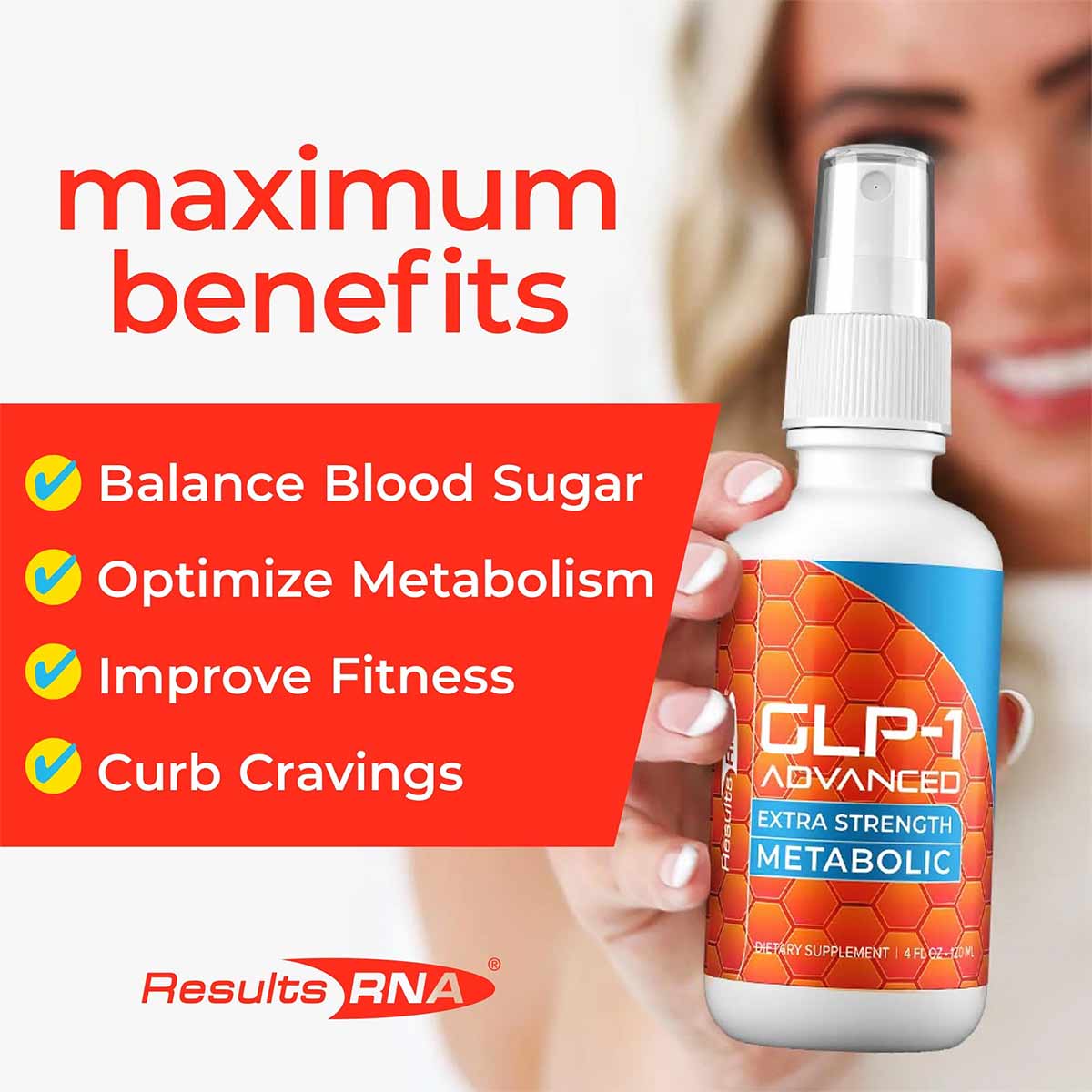 Person holding white spray bottle with orange and blue label reading "GLP-1 Advanced Extra Strength Metabolic."