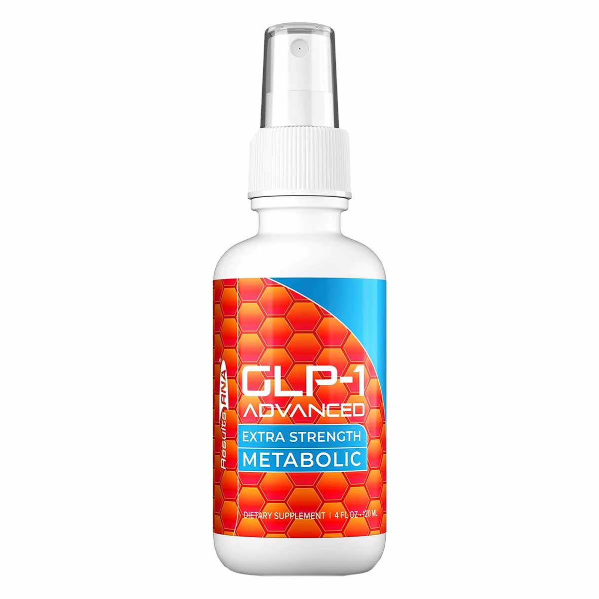 Clear spray bottle with white pump top and orange-red label reading "GLP-1 Advanced Extra Strength Metabolic" with honeycomb 