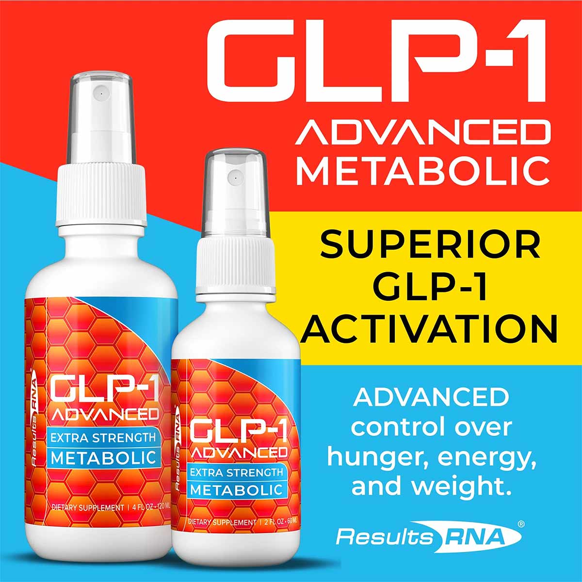 Two white spray bottles labeled GLP-1 Advanced Extra Strength Metabolic with honeycomb pattern design on red and blue packagi