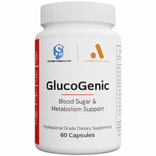 White supplement bottle labeled GlucoGenic containing 60 capsules by Alimentum Labs with white screw-top cap.