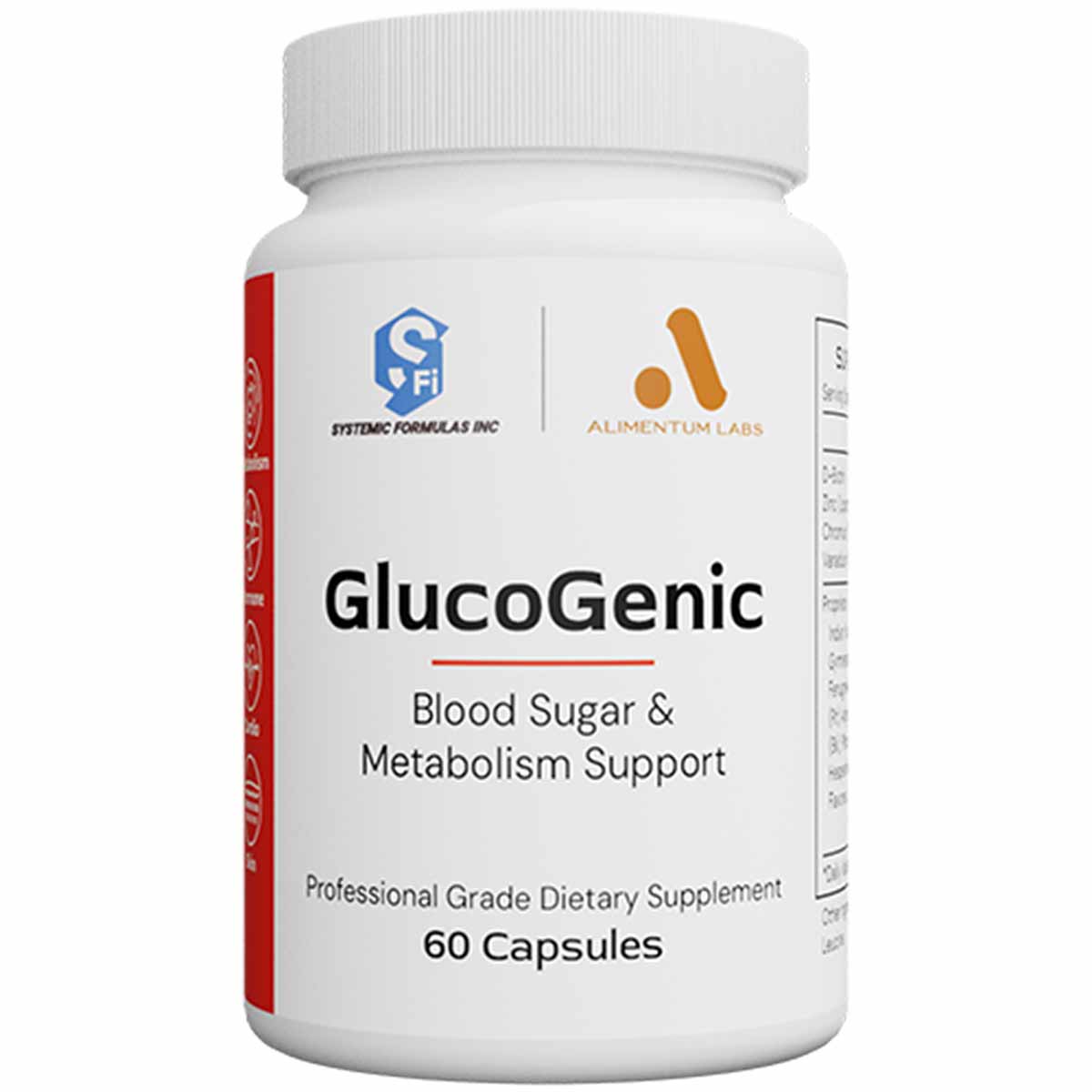White supplement bottle labeled GlucoGenic containing 60 capsules by Alimentum Labs with white screw-top cap.