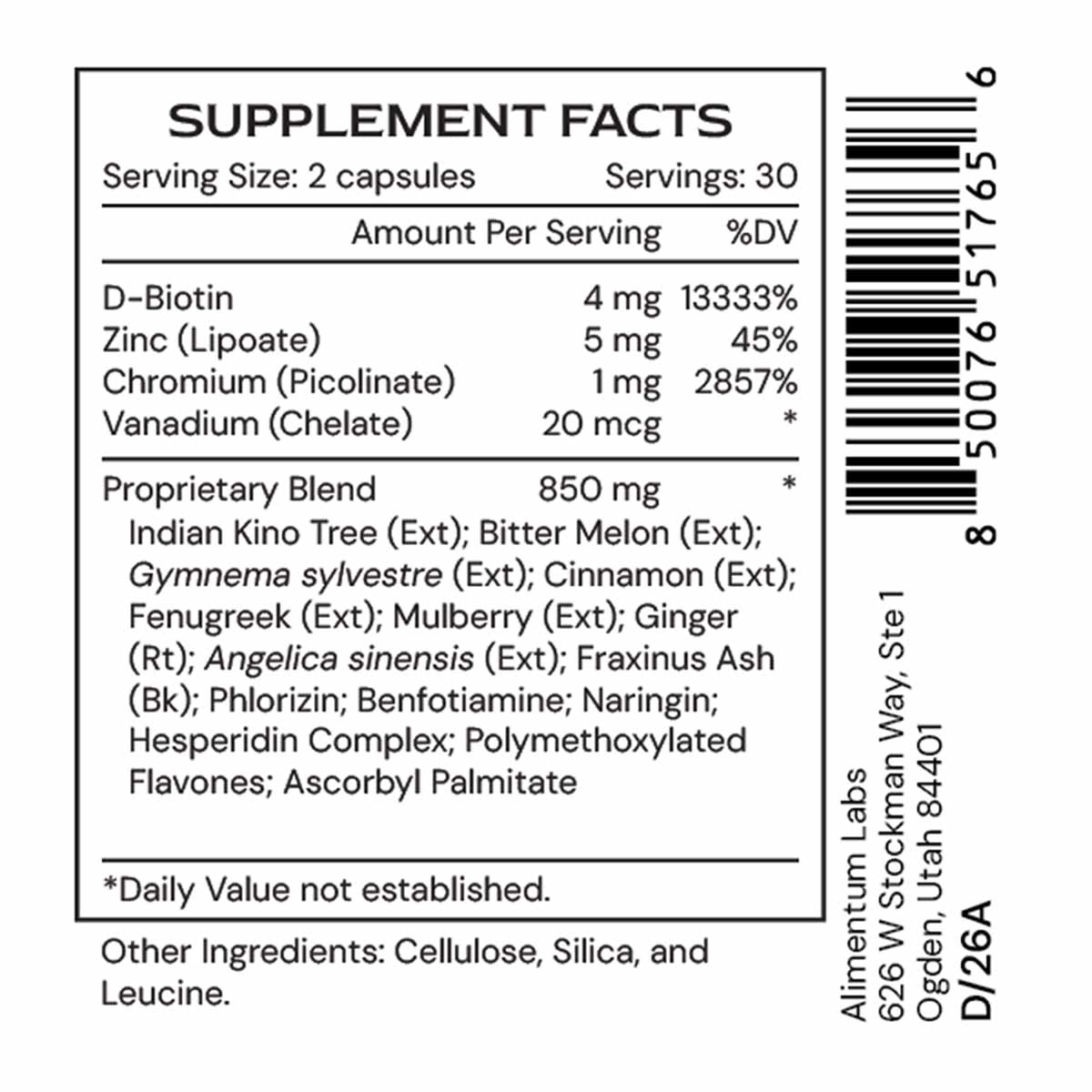 Supplement Facts label for GlucoGenic showing serving size of 2 capsules, ingredient list including D-Biotin, Zinc, Chromium,