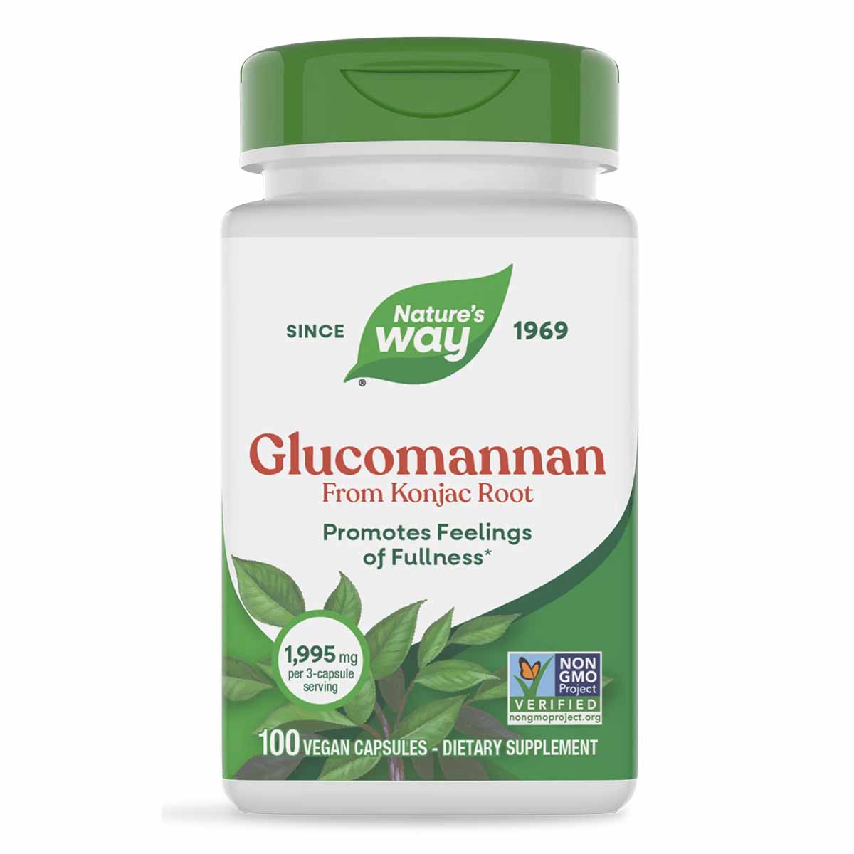 Nature's Way Glucomannan From Konjac Root supplement bottle with green cap containing 100 vegan capsules.