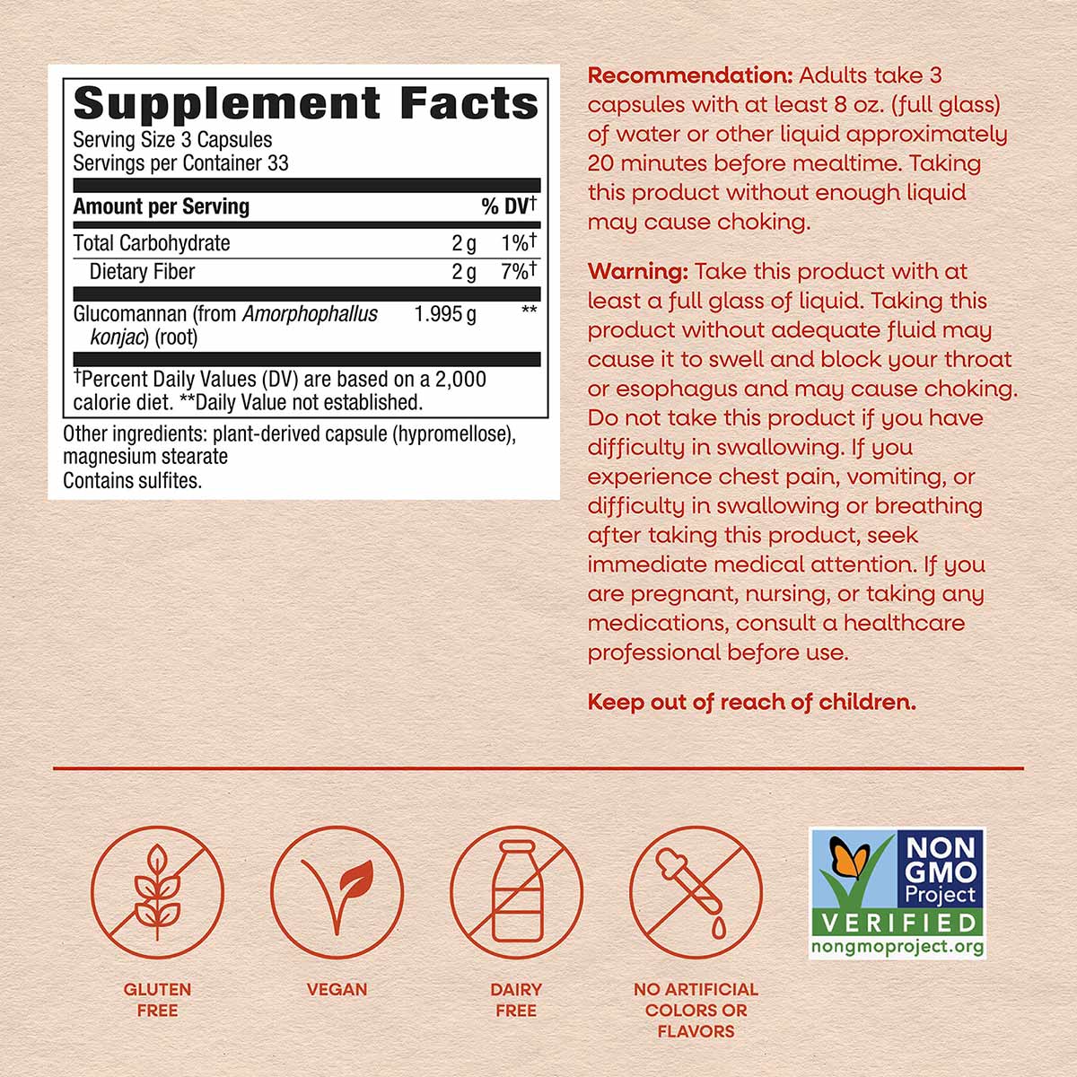 Supplement Facts label for Glucomannan capsules showing serving size, nutritional content, and warnings with certification ba
