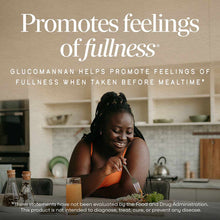 Woman in orange top sitting at kitchen counter with fork and glass of beverage, with text about glucomannan supplement.