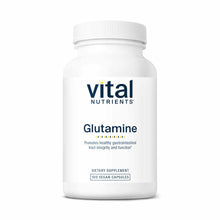 White plastic bottle of Vital Nutrients Glutamine dietary supplement with white cap, labeled 100 vegan capsules.