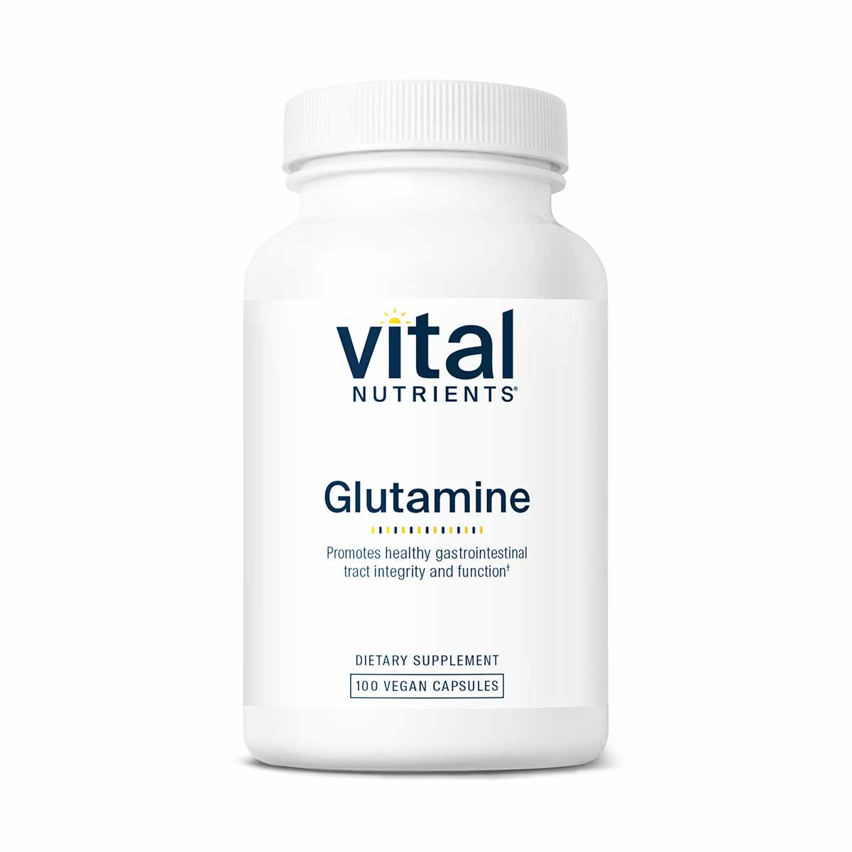 White plastic bottle of Vital Nutrients Glutamine dietary supplement with white cap, labeled 100 vegan capsules.