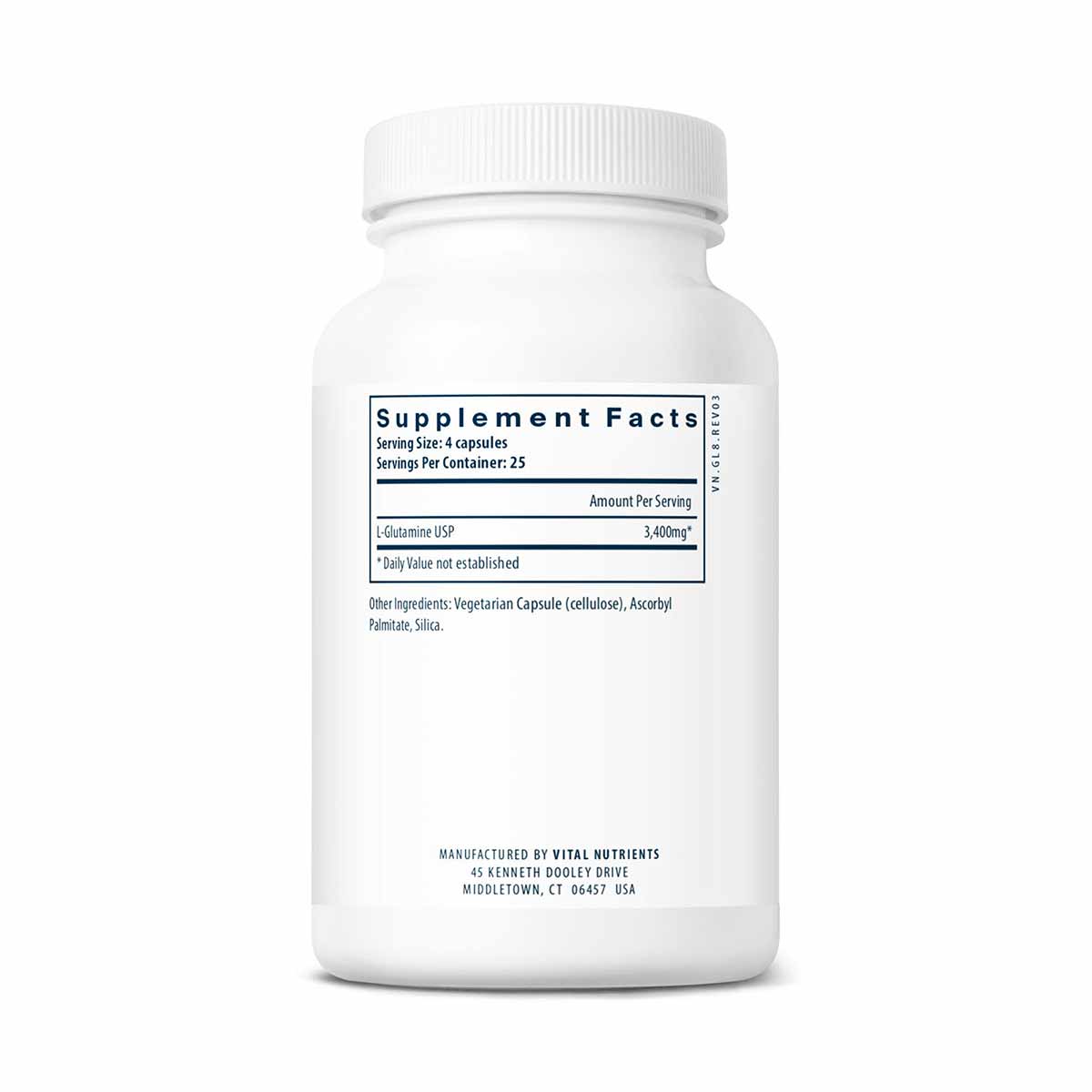 White supplement bottle with white cap containing L-Glutamine capsules, labeled with supplement facts and Vital Nutrients man