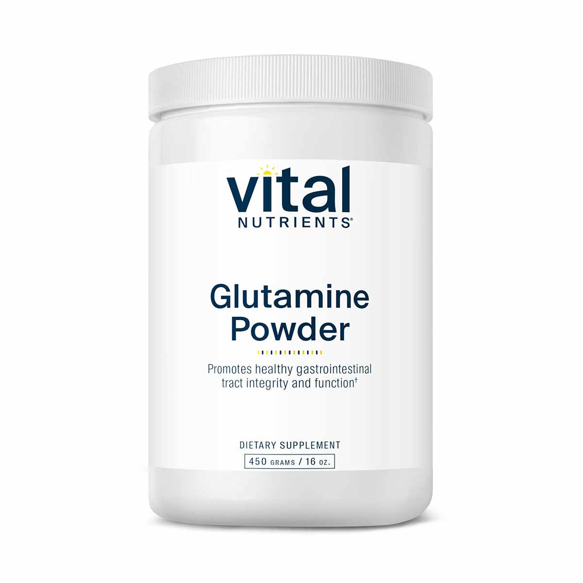 White plastic container of Vital Nutrients Glutamine Powder, 450 grams, with white screw-top lid.