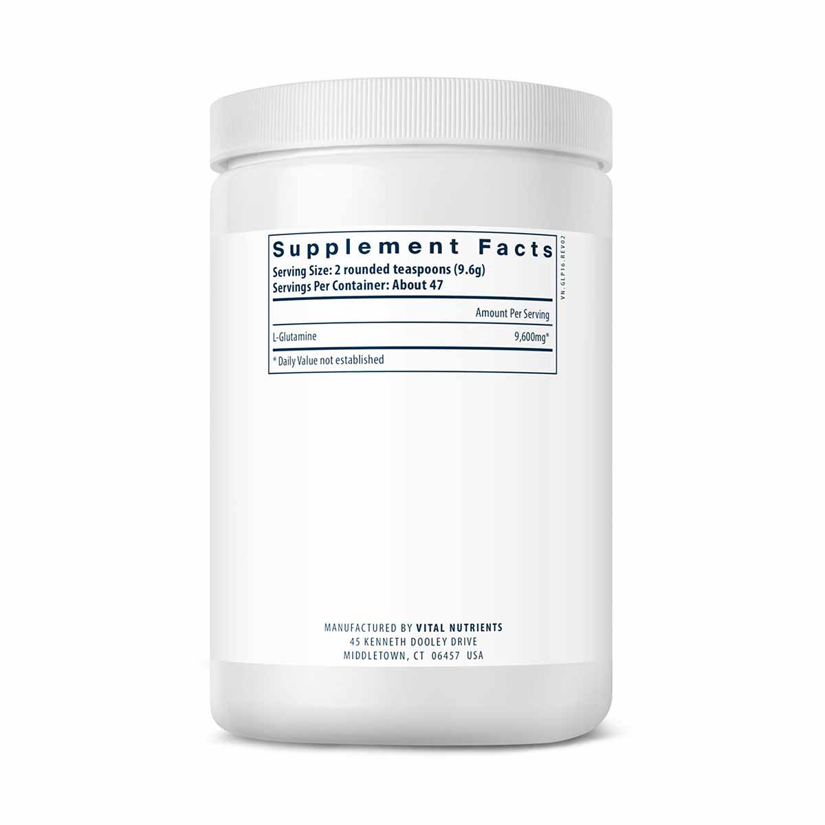 White plastic container of glutamine powder with white screw-top lid and supplement facts label on front.