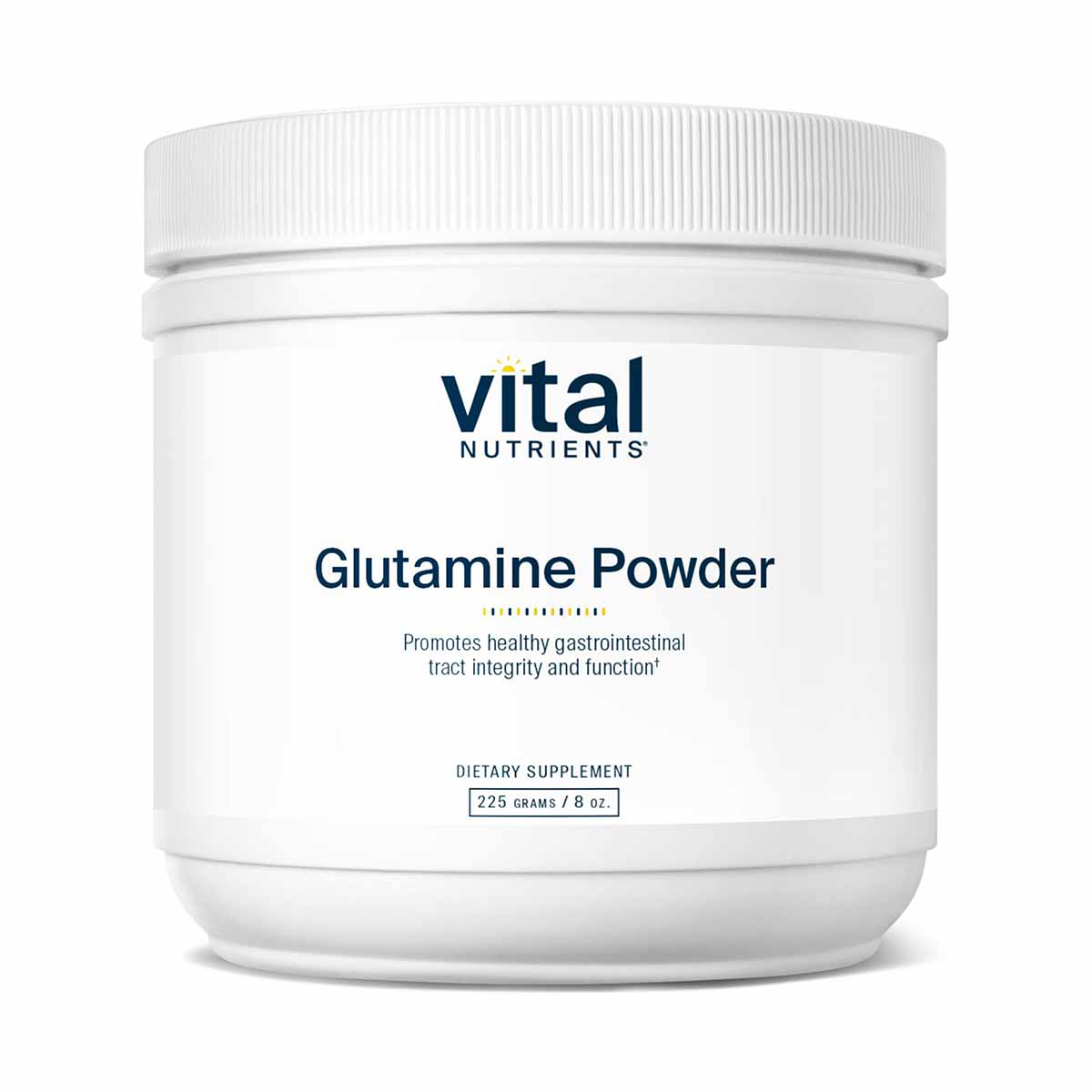 White container of Vital Nutrients Glutamine Powder dietary supplement, 225 grams, with white screw-top lid.