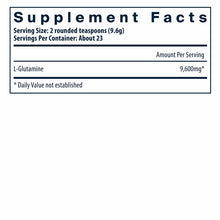 Supplement Facts label for glutamine powder showing serving size of 2 rounded teaspoons with 9,600mg L-Glutamine per serving.