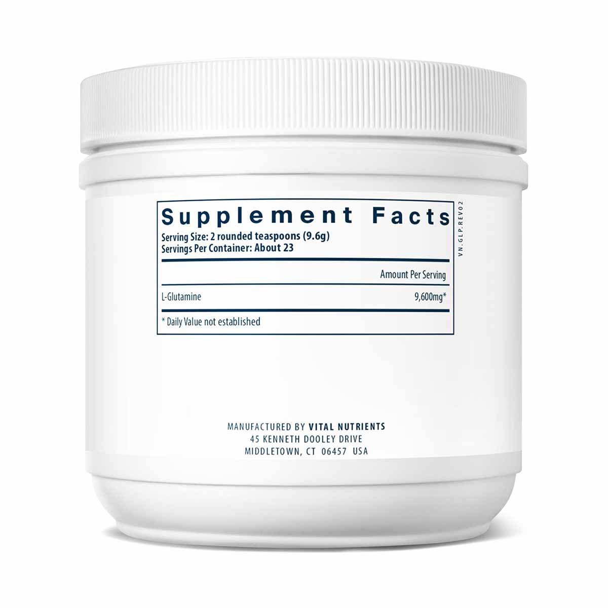 White plastic container with white screw-on lid containing glutamine powder, labeled with supplement facts and Vital Nutrient