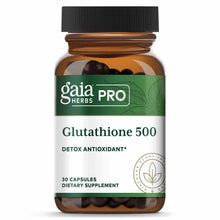 Gaia Herbs Pro Glutathione 500 bottle with black cap containing 30 dark capsules visible through amber glass.