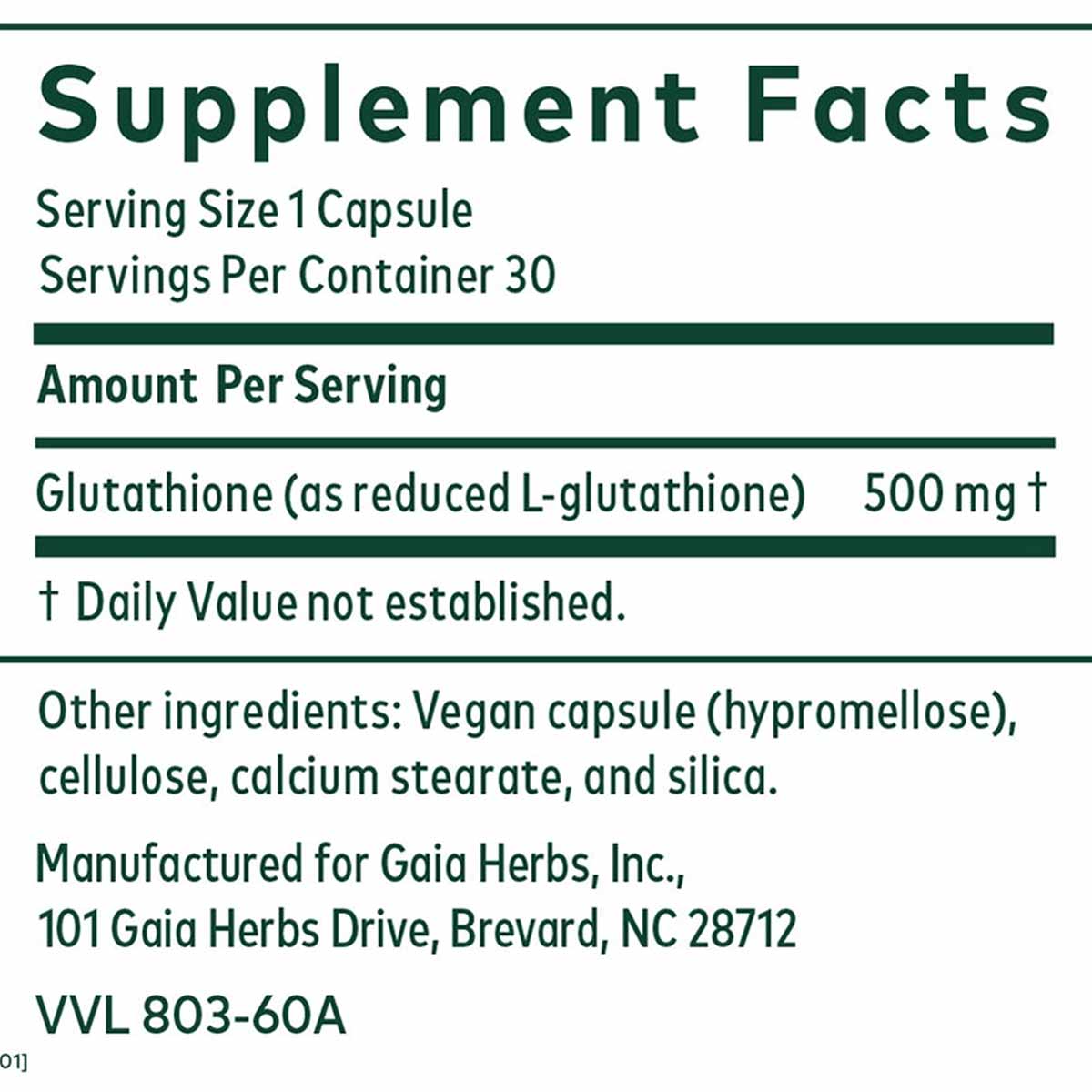 Supplement Facts label showing Glutathione 500mg per capsule, 30 servings per container, vegan capsule ingredients listed.