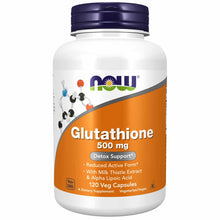 White bottle with dark blue cap labeled NOW Glutathione 500 mg, 120 veg capsules, with orange band and molecular structure gr