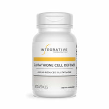White supplement bottle with yellow band labeled Glutathione Cell Defense 400 mg reduced glutathione, 60 capsules by Integrat