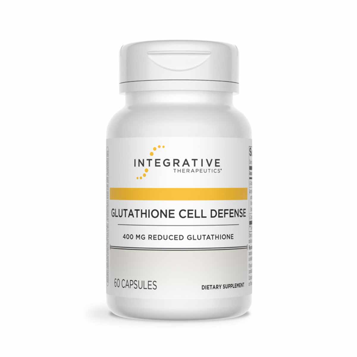 White supplement bottle with yellow band labeled Glutathione Cell Defense 400 mg reduced glutathione, 60 capsules by Integrat