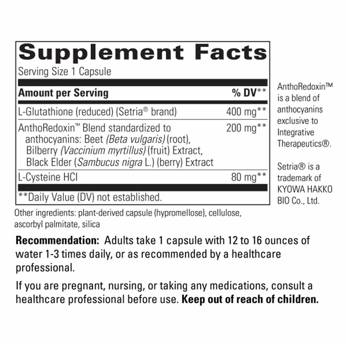 Supplement Facts label showing 400 mg reduced glutathione per capsule with additional ingredients including AnthRedoxin blend