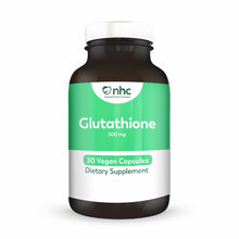 Bottle of Glutathione 500 mg dietary supplement with 30 vegan capsules, labeled with NHC branding on green and white label.