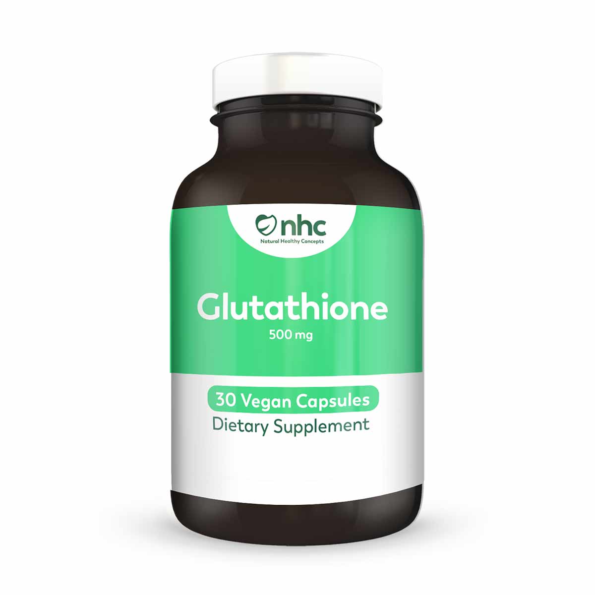 Bottle of Glutathione 500 mg dietary supplement with 30 vegan capsules, labeled with NHC branding on green and white label.