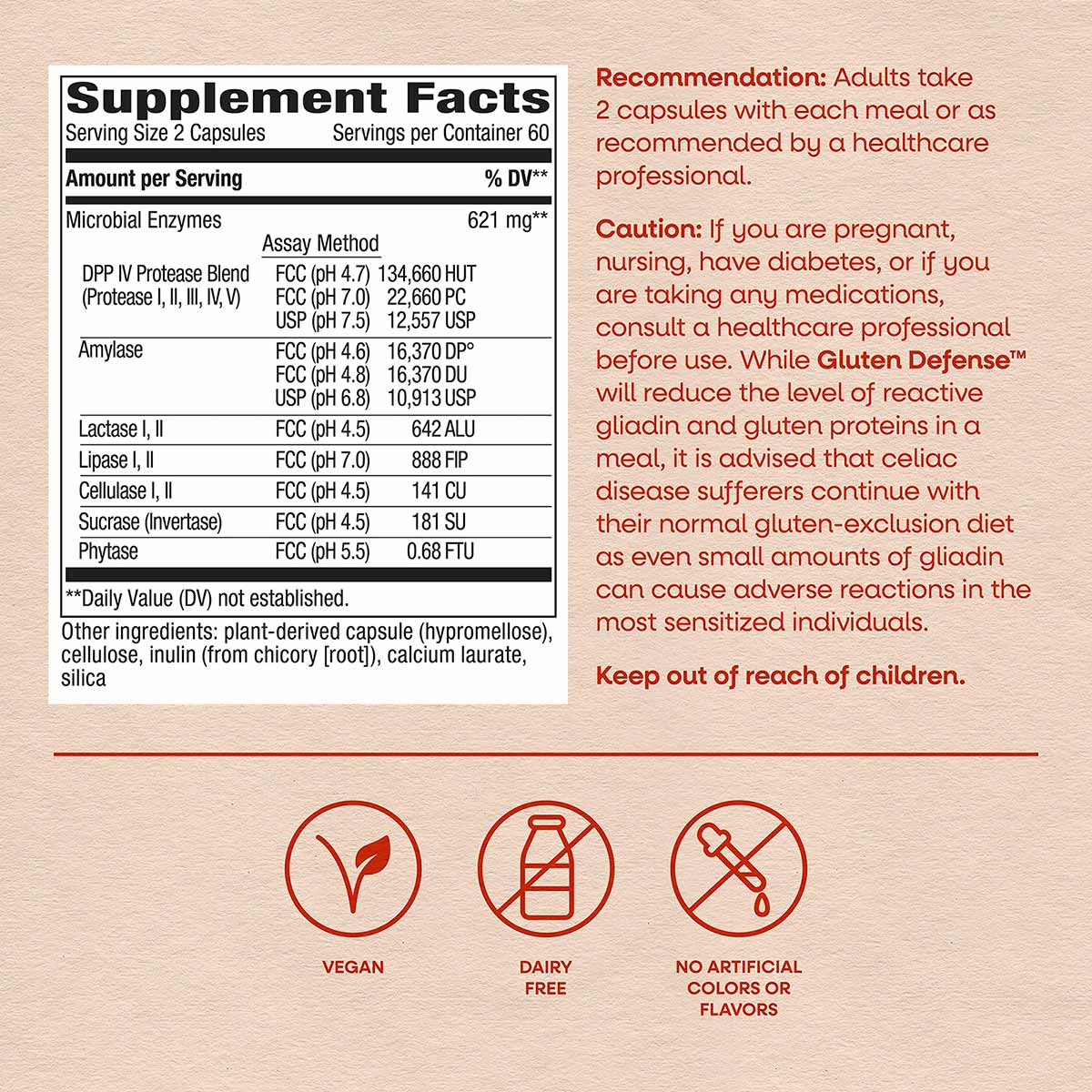 Supplement Facts label for Gluten Defense showing microbial enzymes, serving size, and ingredient information with vegan and 