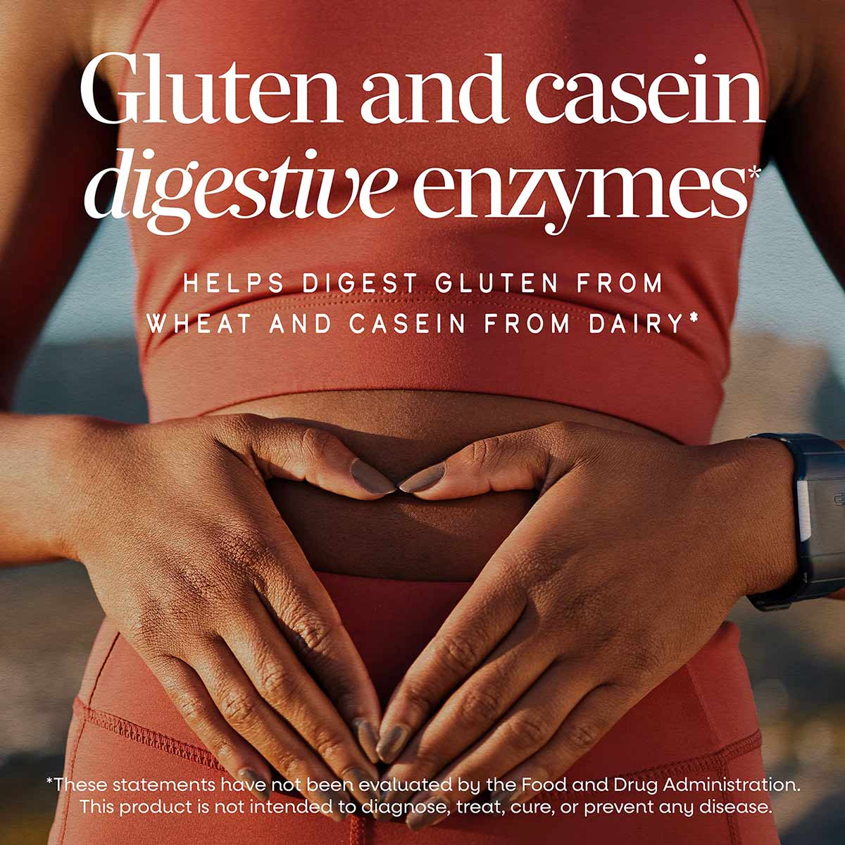 Person wearing red top with hands on stomach, displaying Gluten Defense supplement product messaging about digestive enzymes.