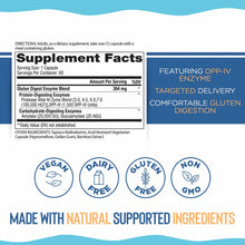 Supplement Facts label for Gluten Digest Targeted Enzymes showing serving size, enzyme blend ingredients, and certifications 