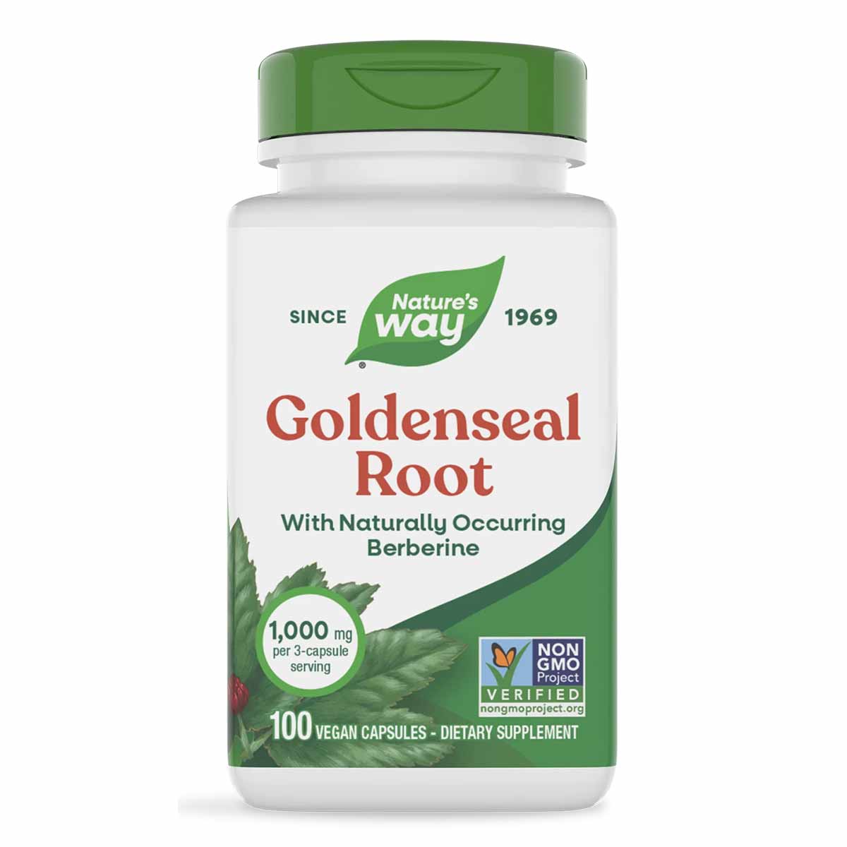 Natures Way Goldenseal Root supplement bottle with green cap, white label, and 100 vegan capsules.