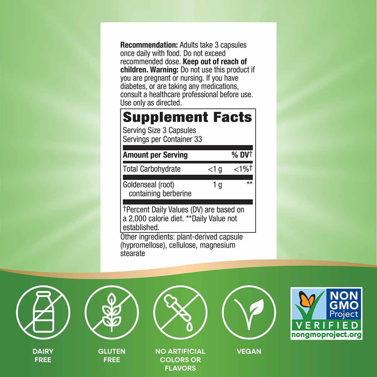 Supplement Facts label for Goldenseal Root capsules showing dosage, nutritional information, and icons for dairy-free, gluten