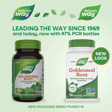 Two Nature's Way Goldenseal Root supplement bottles with green caps, dark and white containers, showing product labels and di