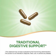 Three brown capsules on a green and white background with text stating "Traditional Digestive Support."
